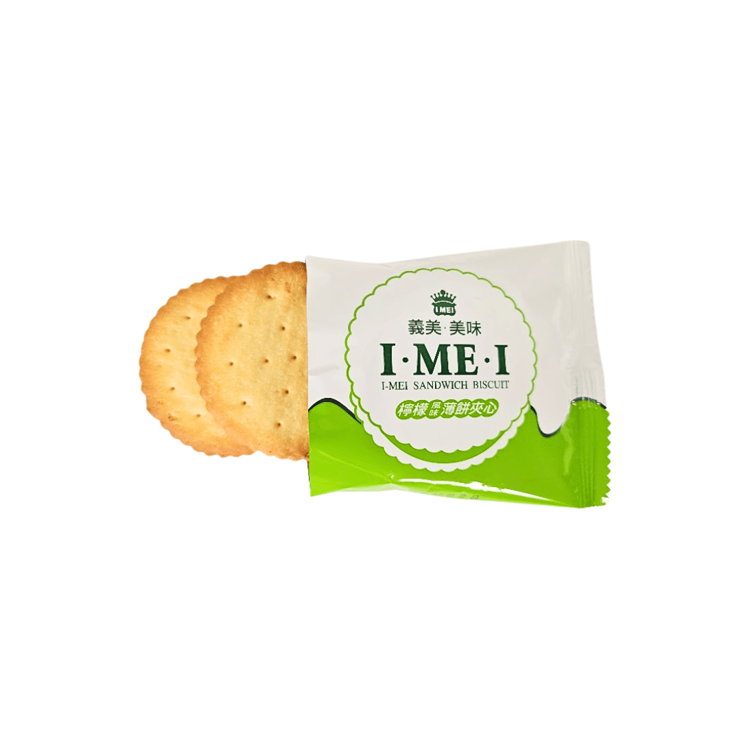2 lemon sandwich biscuits with white and green I Mei packaging